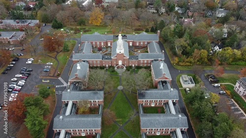 Aerial Image: Yale university, Divinity school seen from above. New England architecture. New Haven, Connecticut, USA - Fall 2023 photo