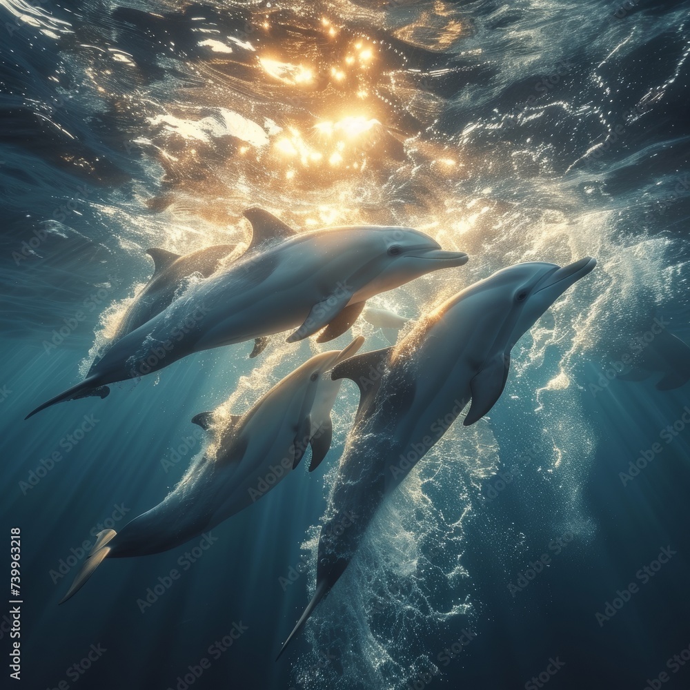 An underwater photograph of a playful pod of dolphins swimming gracefully, capturing the dynamic and joyful nature of marine life - obrazy, fototapety, plakaty 