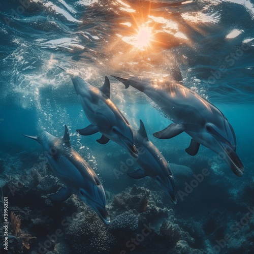 An underwater photograph of a playful pod of dolphins swimming gracefully, capturing the dynamic and joyful nature of marine life