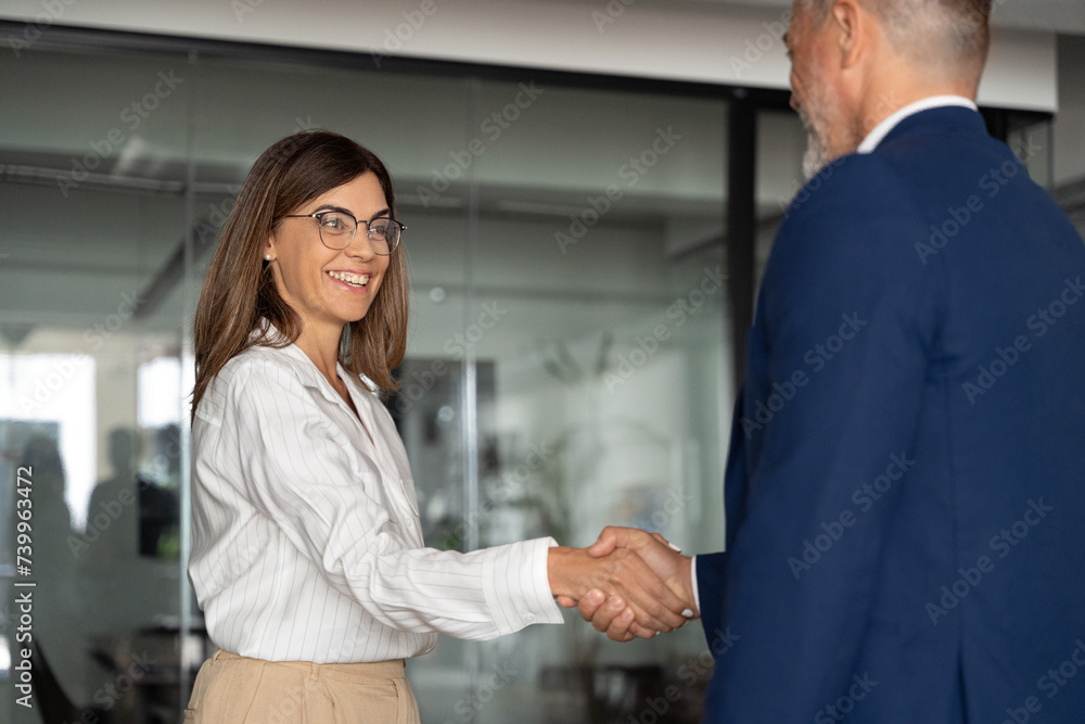 Mature Latin business woman and European business man shaking hands as agreement of colleagues, partners or employees. Group of man, woman businesspeople doing handshake as good results of teamwork. Mature Latin business woman and European business man shaking hands as agreement of colleagues, partners or employees. Group of man, woman businesspeople doing handshake as good results of teamwork.