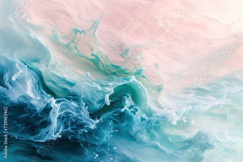 Abstract ocean waves blending with serene pastel skies
