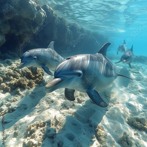 An underwater photograph of a playful pod of dolphins swimming gracefully  capturing the dynamic and joyful nature of marine life