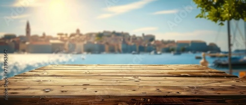 Empty wooden table with blurred dock background perfect for displaying travel and seaside products summer with scenic ocean view embodying beauty and tranquility of tropical beach landscape © Bussakon