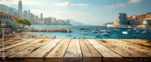 Empty wooden table with blurred dock background perfect for displaying travel and seaside products summer with scenic ocean view embodying beauty and tranquility of tropical beach landscape photo