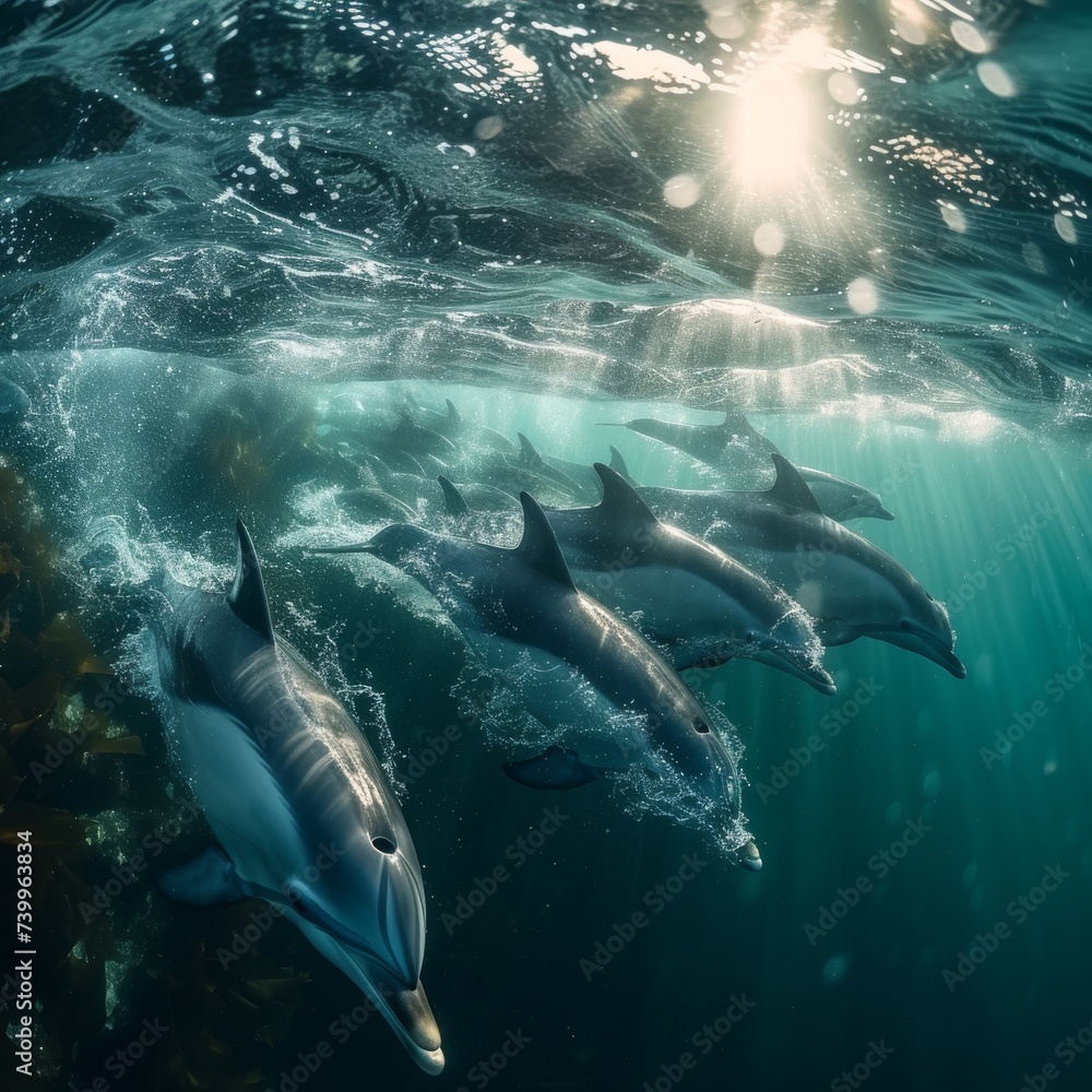 Naklejka premium An underwater photograph of a playful pod of dolphins swimming gracefully, capturing the dynamic and joyful nature of marine life
