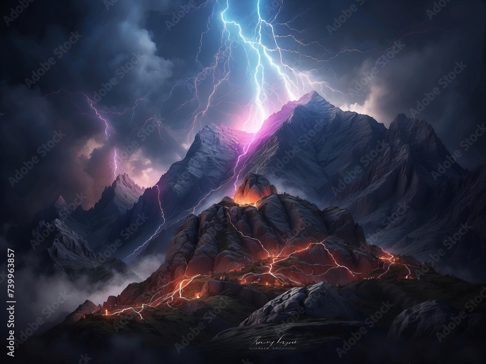 A mountainous landscape is electrified by a storm of colorful lightning bolts