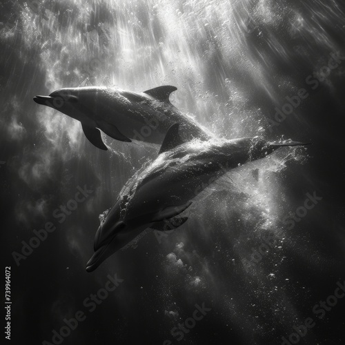 An underwater photograph of a playful pod of dolphins swimming gracefully, capturing the dynamic and joyful nature of marine life © Nico
