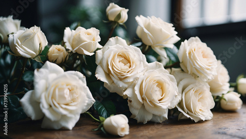 Creamy roses  adorned with tender buds  exude sophistication and allure. Their ivory hue  velvety petals  and budding blossoms embody timeless elegance and enchantment  casting a spell of pure romance