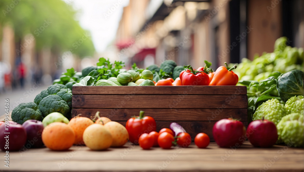 Green farmers market or bazaar, where counter brims with fresh