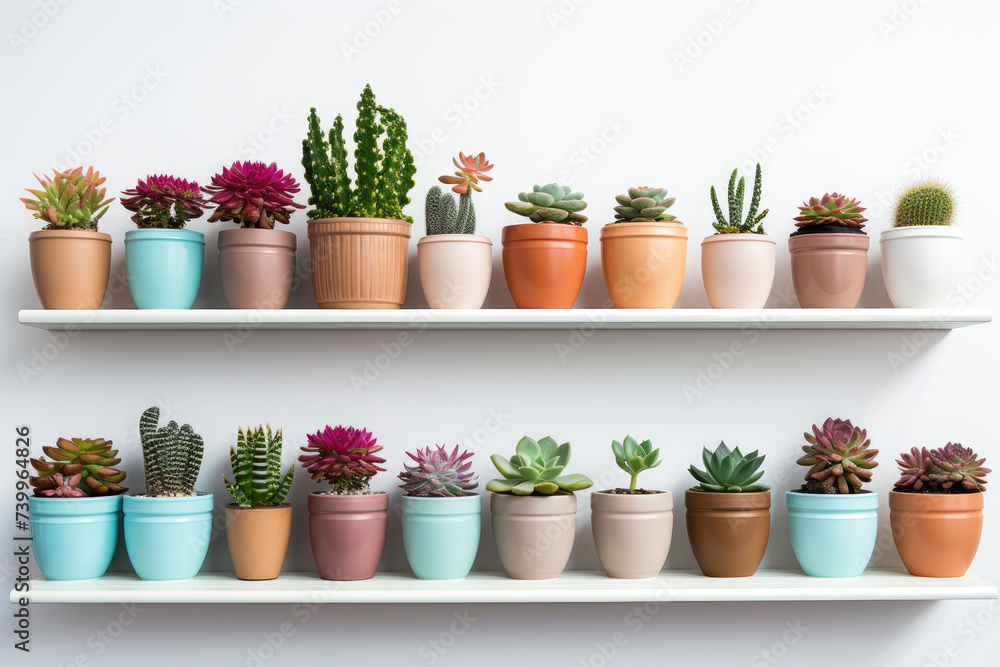 Fototapeta premium Stylish white wooden shelves with green succulent plants. Modern hipster room decoration