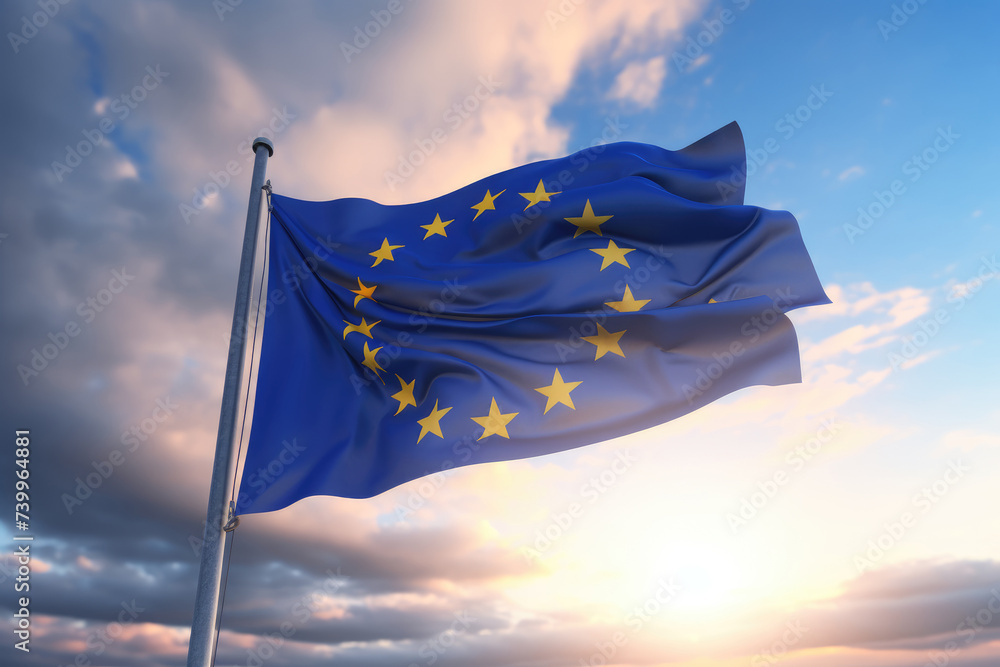 Closeup of European union flag fluttering on the wind