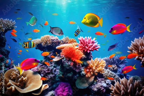 Underwater coral reef landscape in the deep blue ocean with colorful tropical fish and marine life