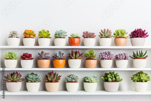 Stylish white wooden shelves with green succulent plants. Modern hipster room decoration