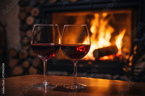 Two glasses of red wine near fireplace with many candles. Cozy romantic evening for couple or Christmas celebration concept