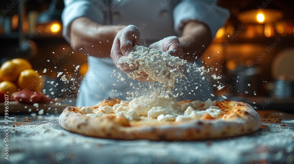 Artisanal Pizza Creation: Capturing the hands of a chef skillfully stretching pizza dough with flour in the air, conveying the artistry of pizza-making.