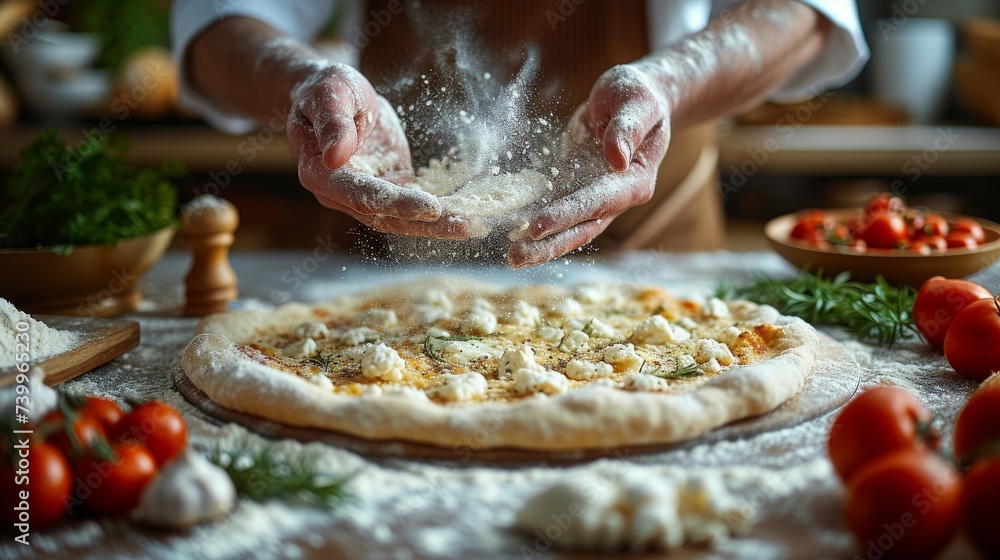Artisanal Pizza Creation: Capturing the hands of a chef skillfully stretching pizza dough with flour in the air, conveying the artistry of pizza-making. Artisanal Pizza Creation: Capturing the hands of a chef skillfully stretching pizza dough with flour in the air, conveying the artistry of pizza-making.