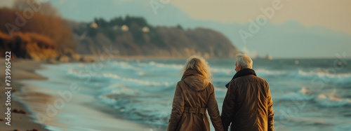 An older retired people couple walking on a beach together hand in hand photo