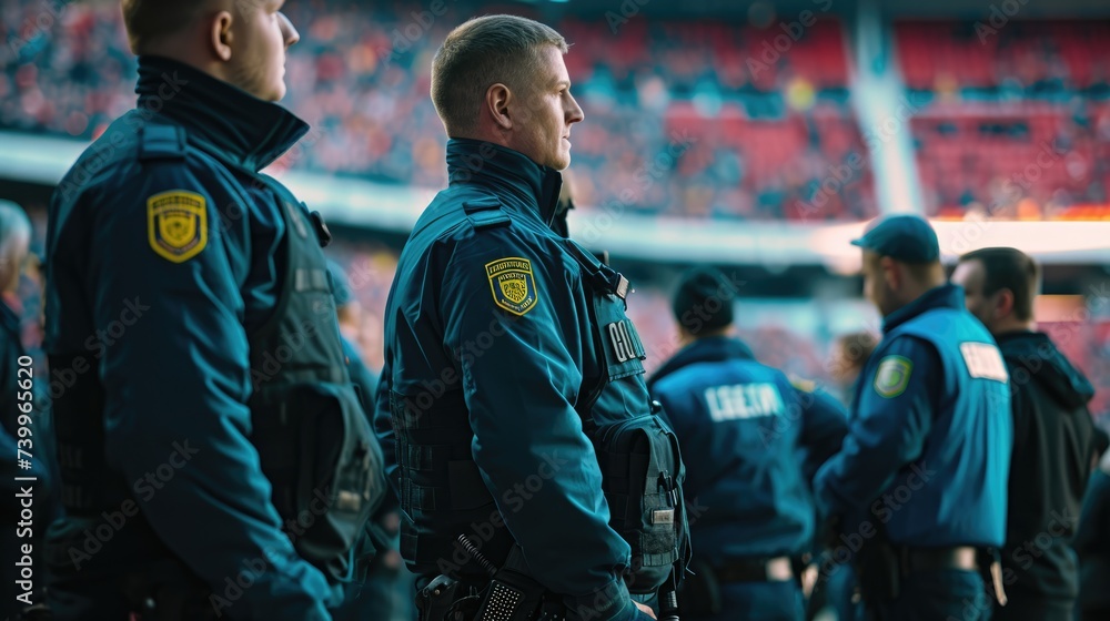 Security group with team security background. Security focus in football stadium Security group with team security background. Security focus in football stadium