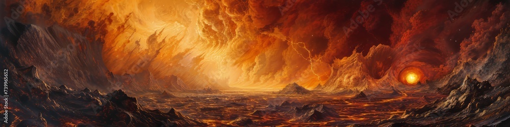 The primeval Earth, a barren expanse of volcanic terrain, with molten lava rivers flowing under a thick, turbulent atmosphere, devoid of life but rich in geological transformation. The primeval Earth, a barren expanse of volcanic terrain, with molten lava rivers flowing under a thick, turbulent atmosphere, devoid of life but rich in geological transformation.