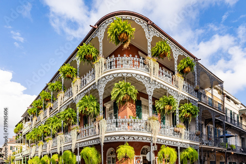 old french building with typical iron balconies in the french quarter in New Orleans, Louisiana