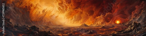 The primeval Earth, a barren expanse of volcanic terrain, with molten lava rivers flowing under a thick, turbulent atmosphere, devoid of life but rich in geological transformation.