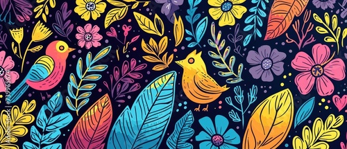 Spring hand drawn cartoon doodles illustration  leaves  birds  and spring symbols and decorative elements with colorful flower