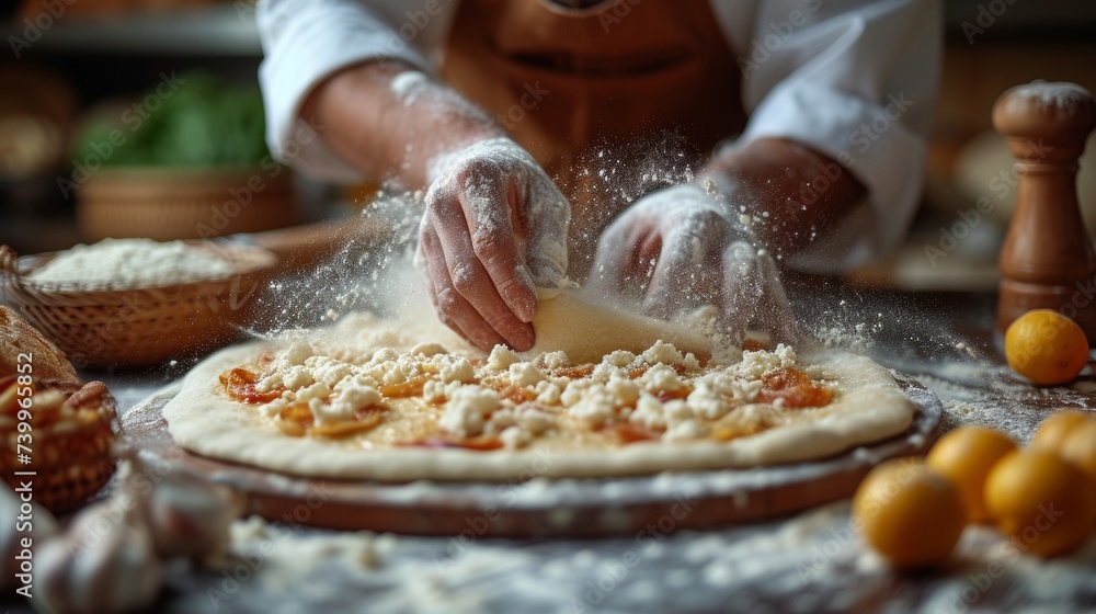 Artisanal Pizza Creation: Capturing the hands of a chef skillfully stretching pizza dough with flour in the air, conveying the artistry of pizza-making.