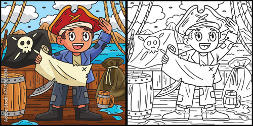 Pirate with Treasure Map Coloring Illustration