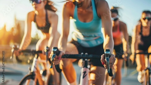 Woman Cycling Group Workout - A group of cyclists in a dynamic outdoor workout, showcasing energy, teamwork, and a passion for fitness.
