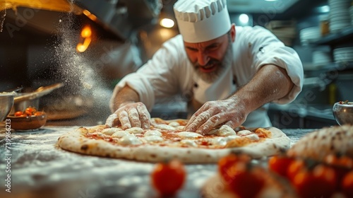 Artisanal Pizza Creation: Capturing the hands of a chef skillfully stretching pizza dough with flour in the air, conveying the artistry of pizza-making.