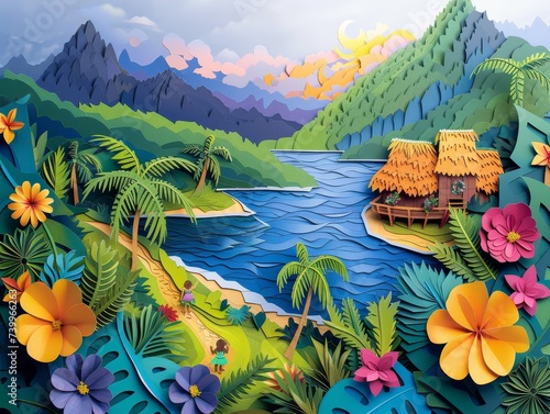 Fijis lush landscapes and traditional bure huts reimagined as a vibrant paper cut art piece Oceanias paradise captured photo