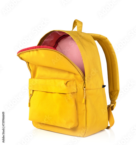 Yellow backpack opened isolated on white.School bag advertisement design. Knapsack, rucksack,travel bag.