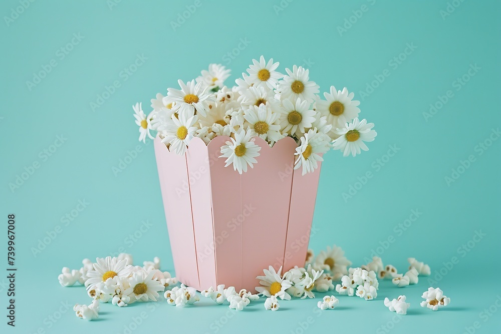 Aqua table adorned with daisies, popcorn, and striped box, perfect for a sweet and vibrant event.