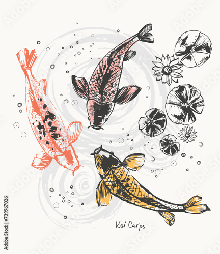 Hand drawn ink brush painting of koi carp fish