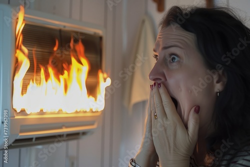 woman covering her mouth in horror at inhome ac unit on fire photo
