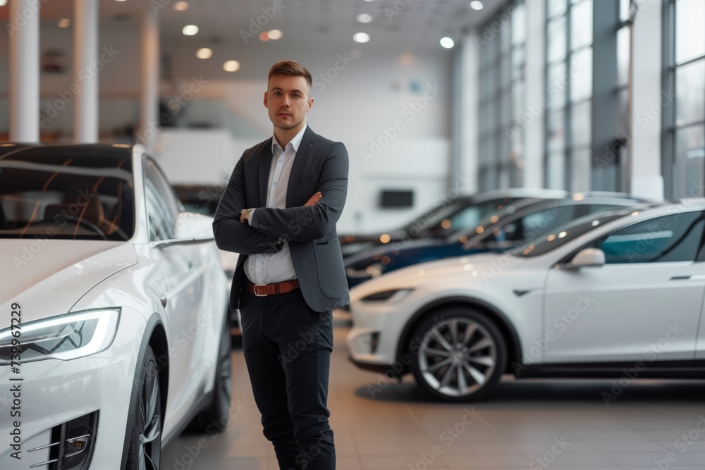 salesperson at car dealership with vehicle lineup and sales figures merged in