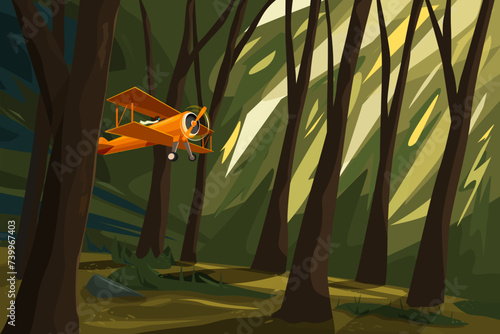 orange plane flies through a dense forest, vector illustration