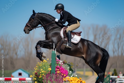 black horse and rider captured over a bright flower obstacle