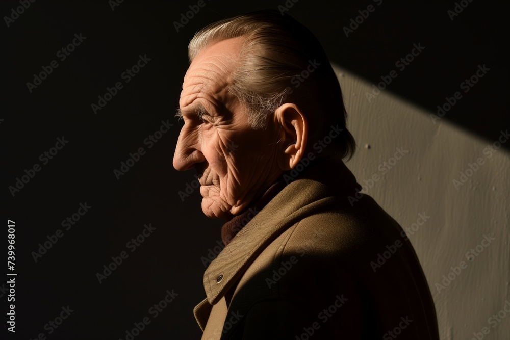elderly man with slickedback hair standing in shadow