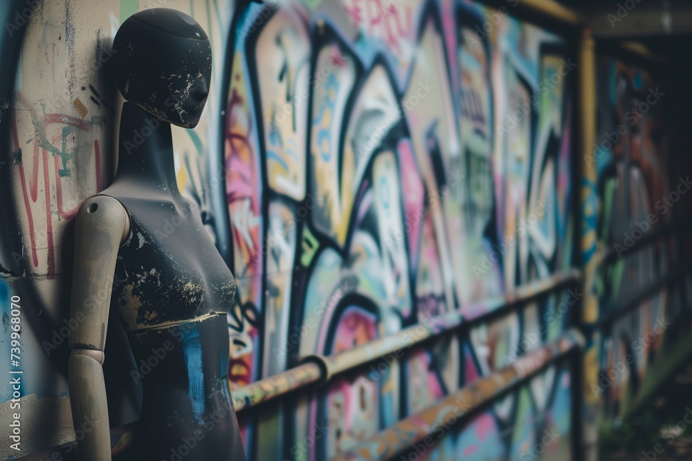 Naklejka premium faded mannequin leaning against a graffiti wall