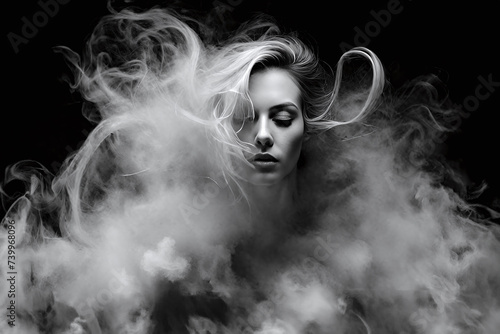 With her eyes closed and her hair blending with the mist, a stunning model girl with an exquisite hairstyle and makeup exudes happiness.