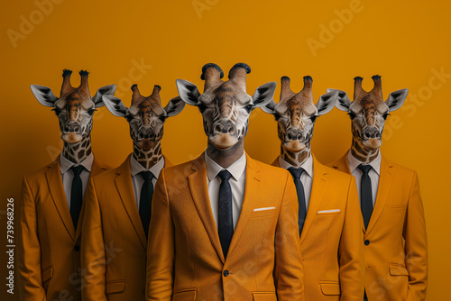 Surreal assembly of giraffes in business suits on yellow Generative AI image photo