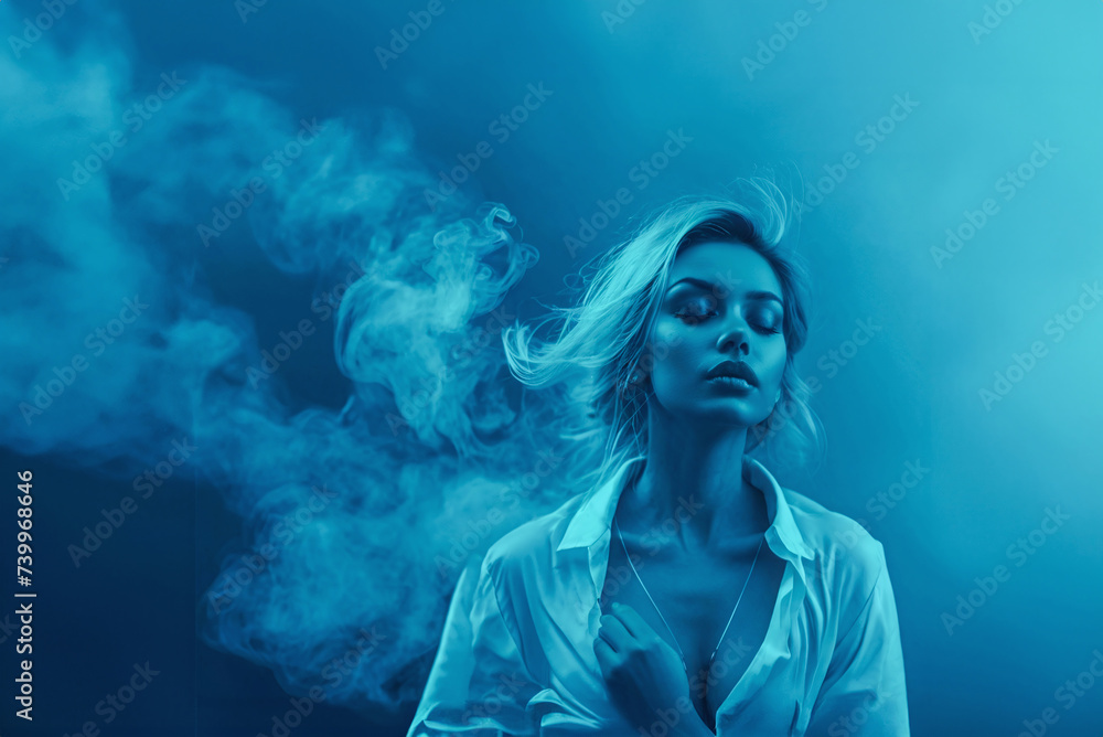 With her eyes closed and her hair blending with the mist, a stunning model girl with an exquisite hairstyle and makeup exudes happiness. With her eyes closed and her hair blending with the mist, a stunning model girl with an exquisite hairstyle and makeup exudes happiness.