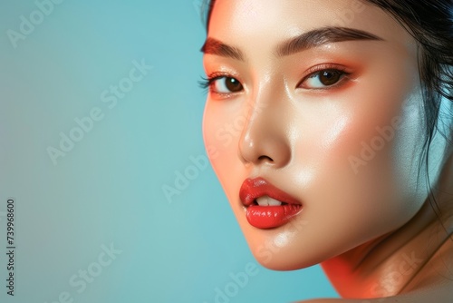 The concept of fashion of a young Asian woman. Beauty photo. Cosmetics. Skin care. Body care.
