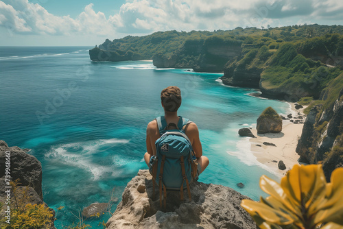 Solo traveler overlooking a serene beach cove Generative AI image photo