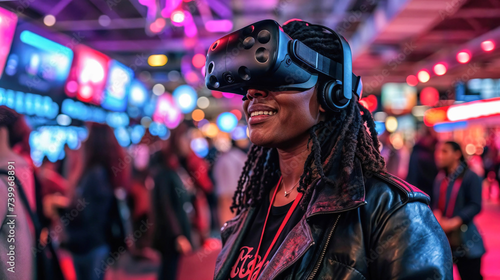 Young Woman Enjoying Virtual Reality Experience Generative AI image