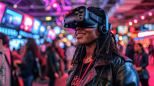 Young Woman Enjoying Virtual Reality Experience Generative AI image photo