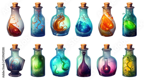 A collection of vibrant, cartoon-styled potion bottles in various colors and bubbling contents, corked and uncorked. Game design assets, transparent background