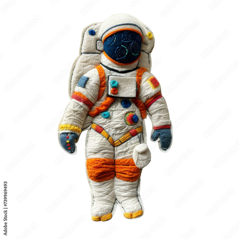 Handmade embroidered astronaut in space suit with detailed stitches and a felt Earth, depicting space exploration. Handmade embroidered astronaut in space suit with detailed stitches and a felt Earth, depicting space exploration.