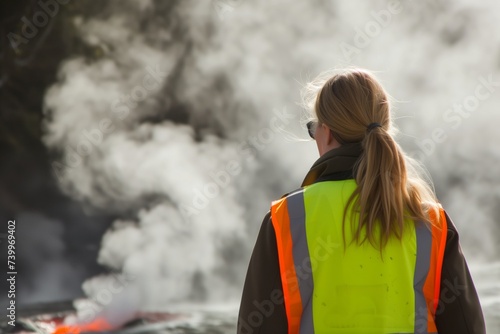 individual in safety vest observing geothermal steam vents outdoors